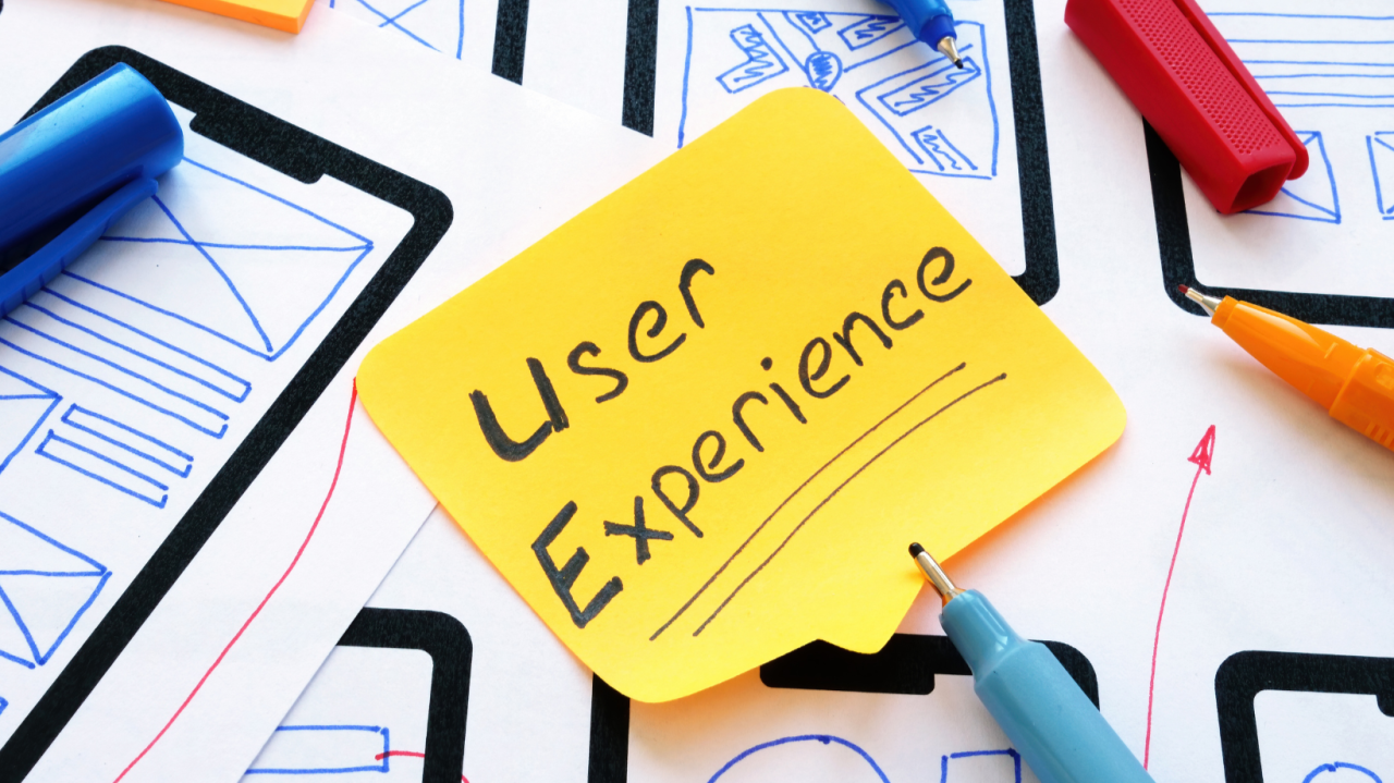 UX sketches and a sticky note reading User Experience.