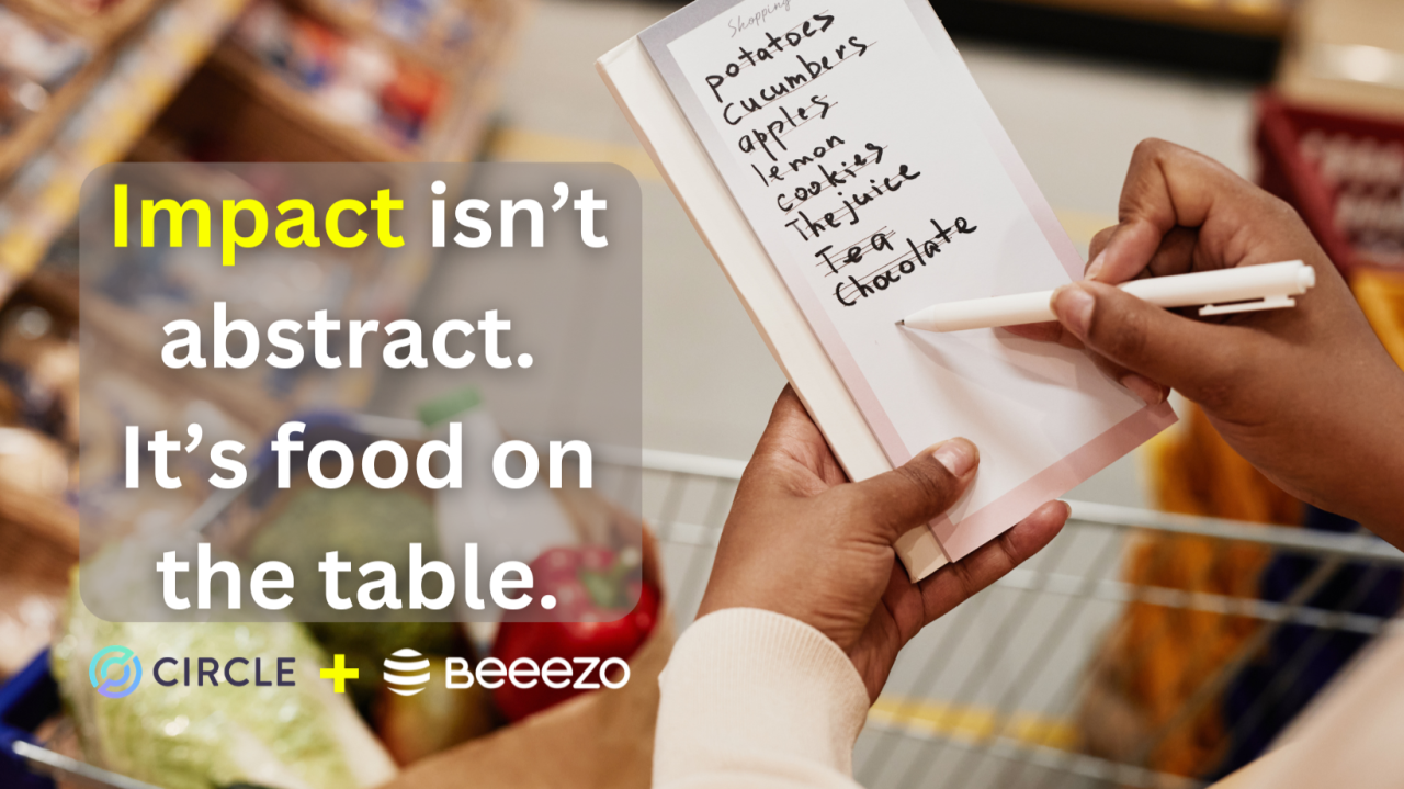 A person writing a grocery list beside Circle and Beeezo logos and the words, Impact is not abstract.