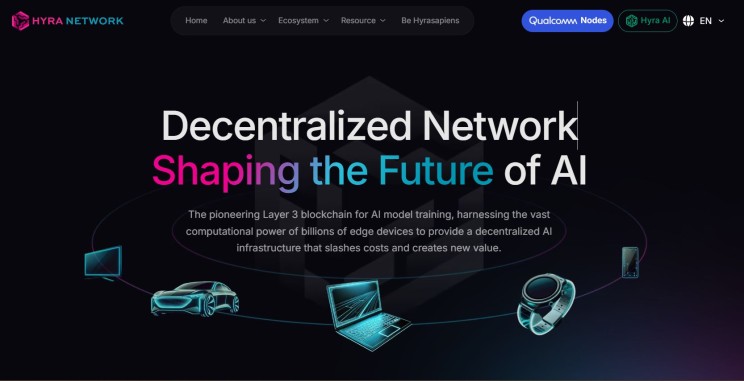 Hyra Network graphic connecting a laptop, car, phone, and smartwatch under the headline ‘Decentralized Network Shaping the Future of AI.’
