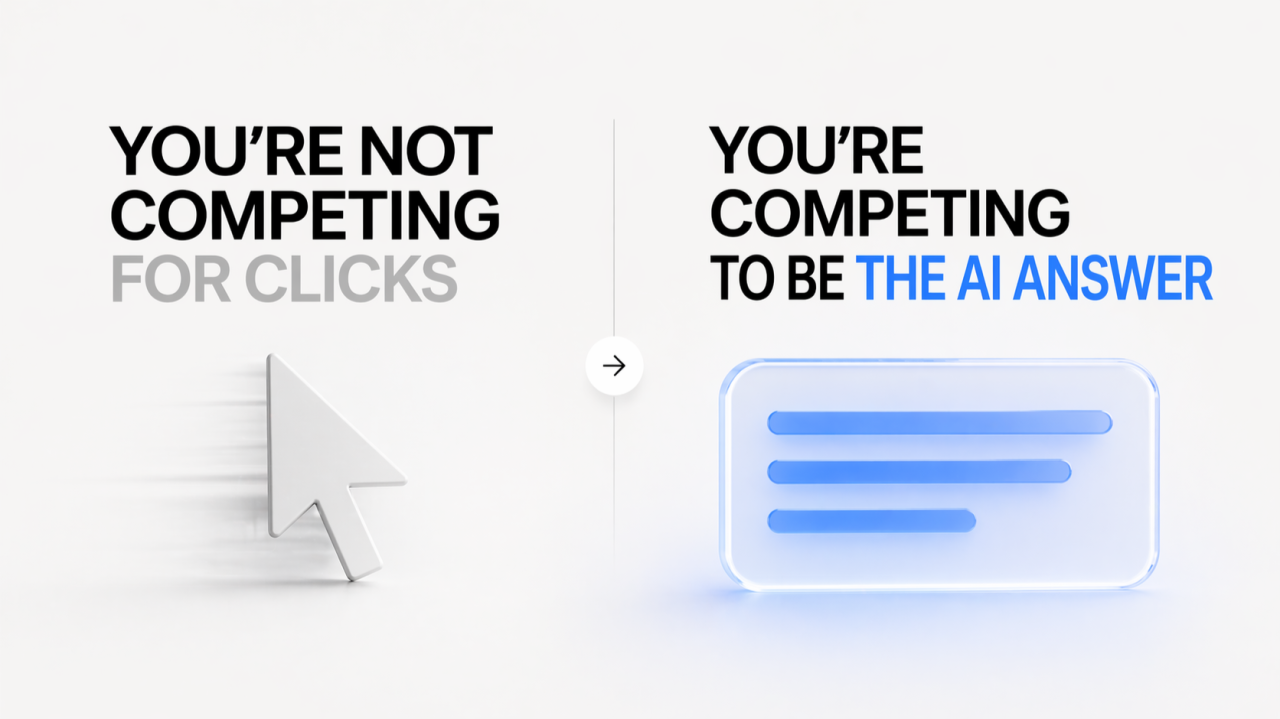 A comparison graphic contrasting clicks with becoming the AI answer.