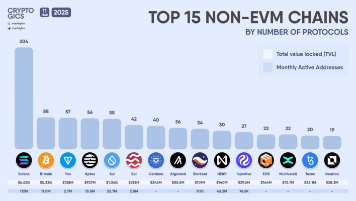 Bar chart ranking 15 non-EVM chains by number of projects, led by Solana with 204, Bitcoin with 58, and TON with 57.
