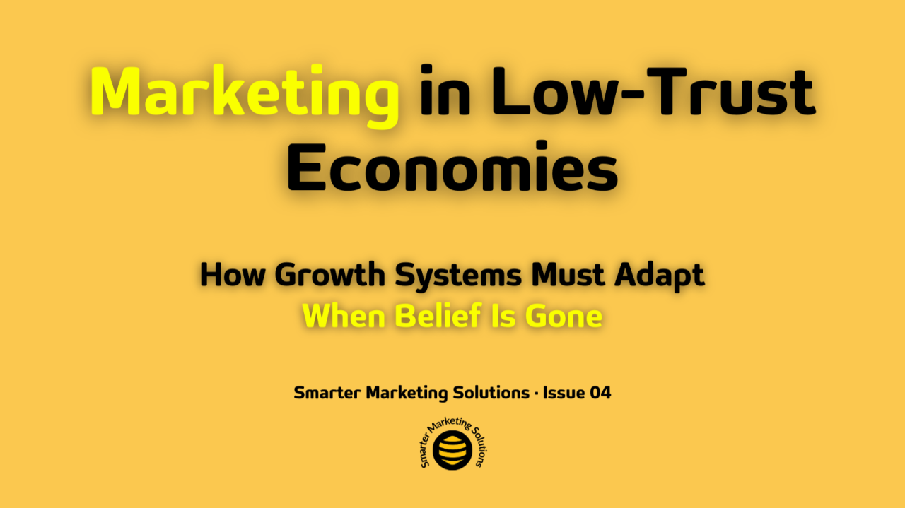 Yellow typographic cover reading Marketing in Low-Trust Economies.