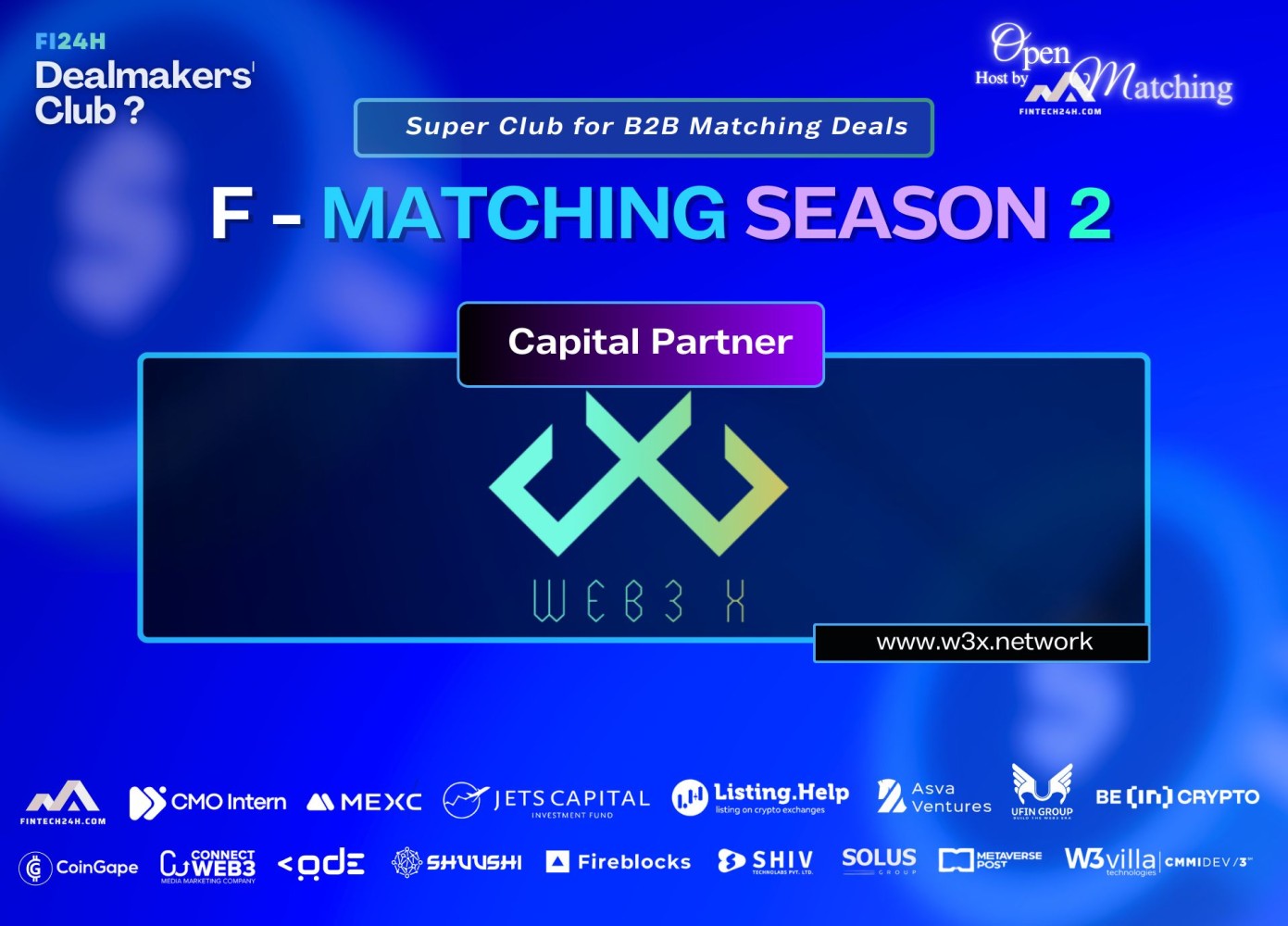 F-Matching Season 2 graphic naming Web3 X as a capital partner for B2B matching deals.