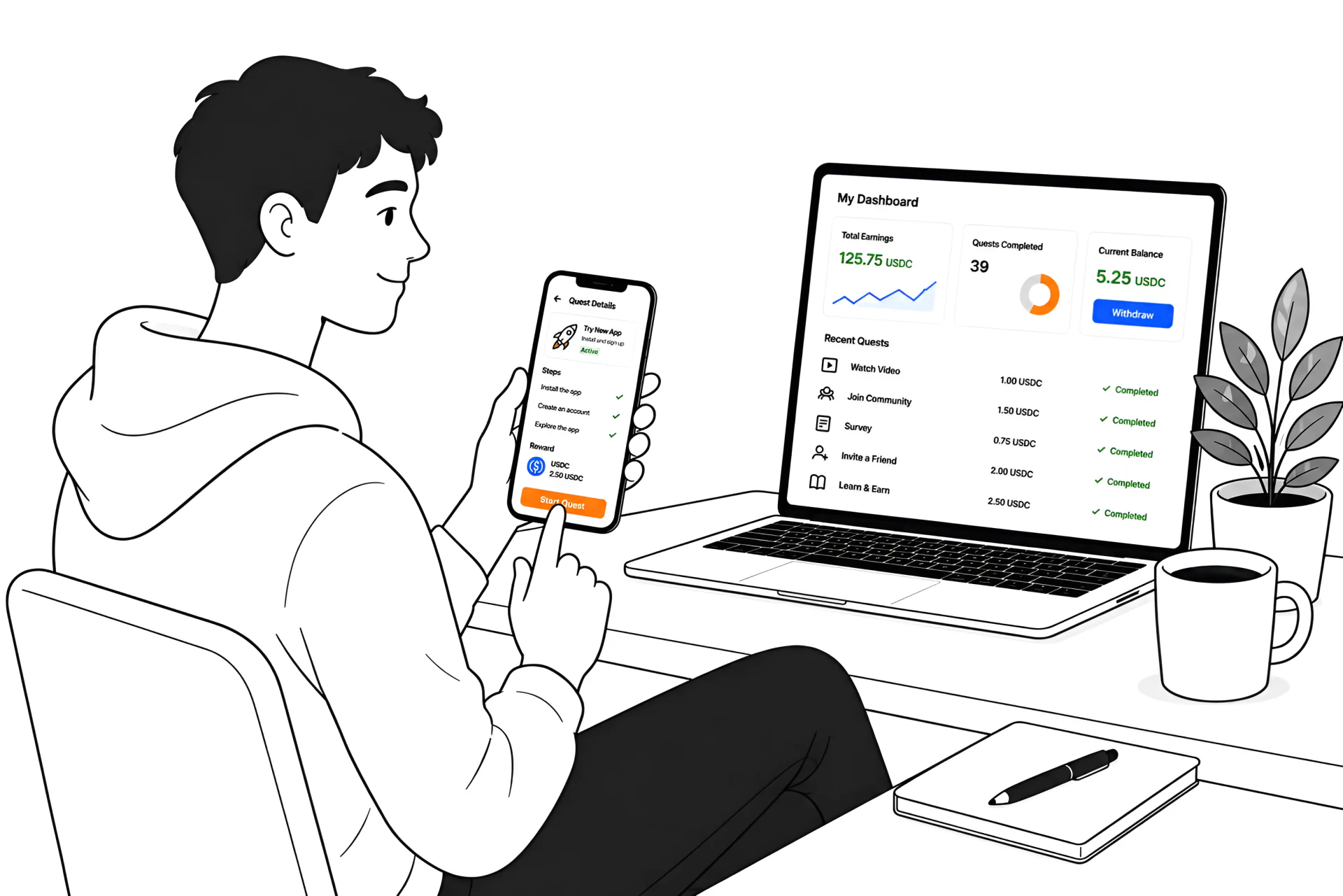 People completing quests and earning stablecoin rewards on Beeezo